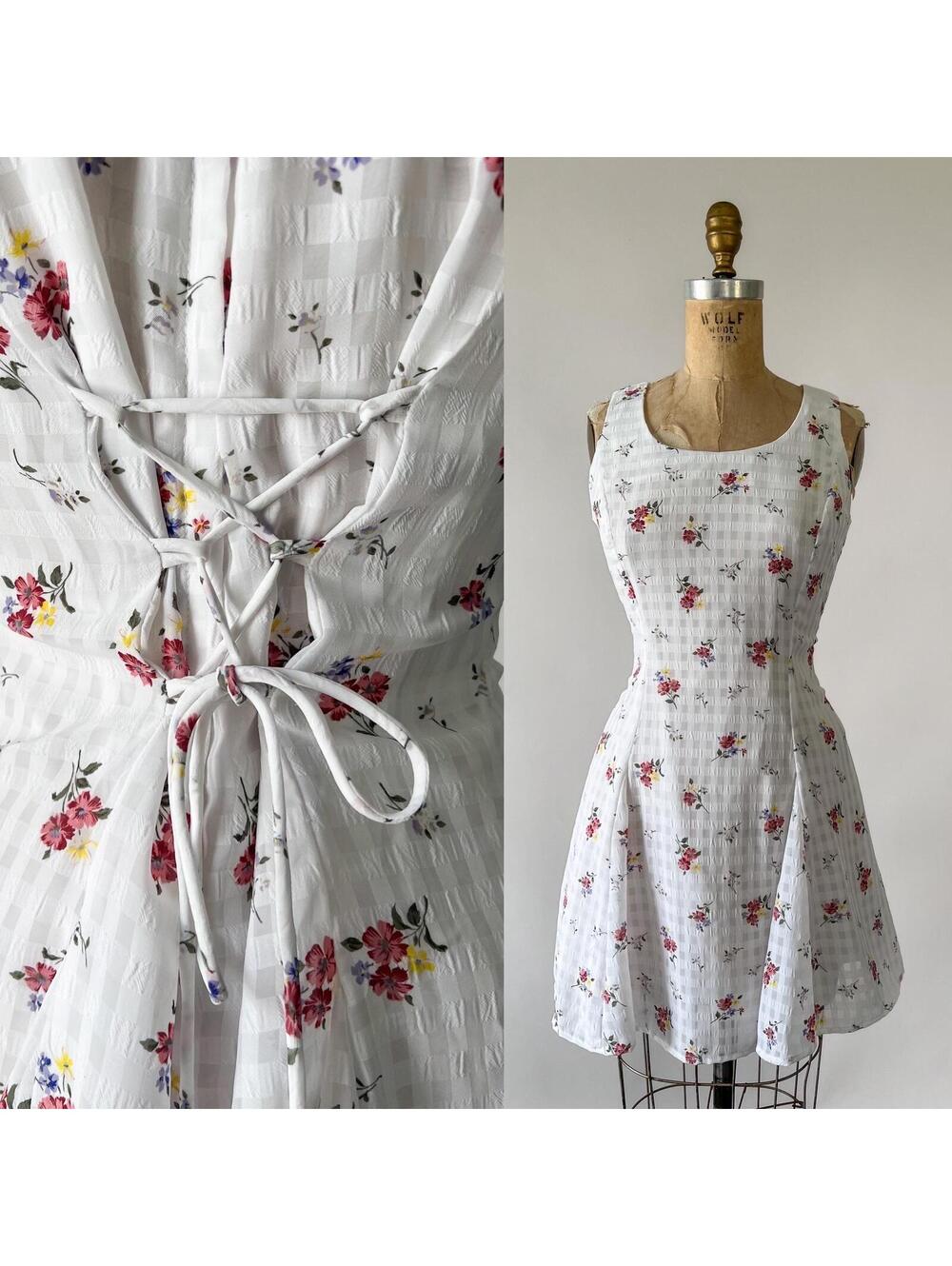 Vintage 90s White Check Pink Floral Sleeveless Mini Dress, Lace Up Corset Back S